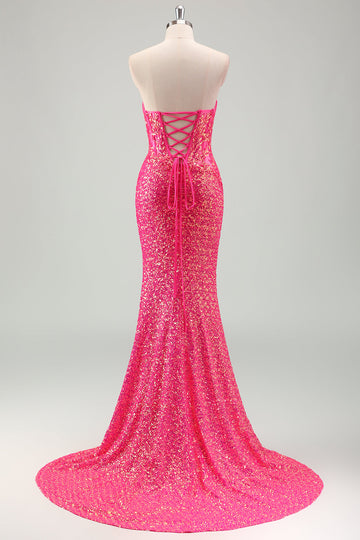 Glitrende Fuchsia Havfrue Stropløs Korset Pailletter Lang Gallakjole med Slids